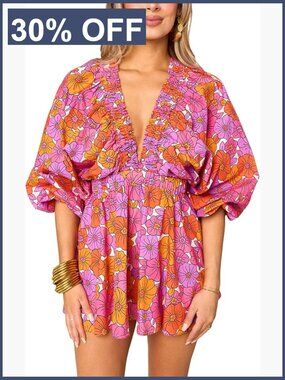 Long Puff Sleeve Short Romper Deep V Neck Flowy Vacation Playsuit
